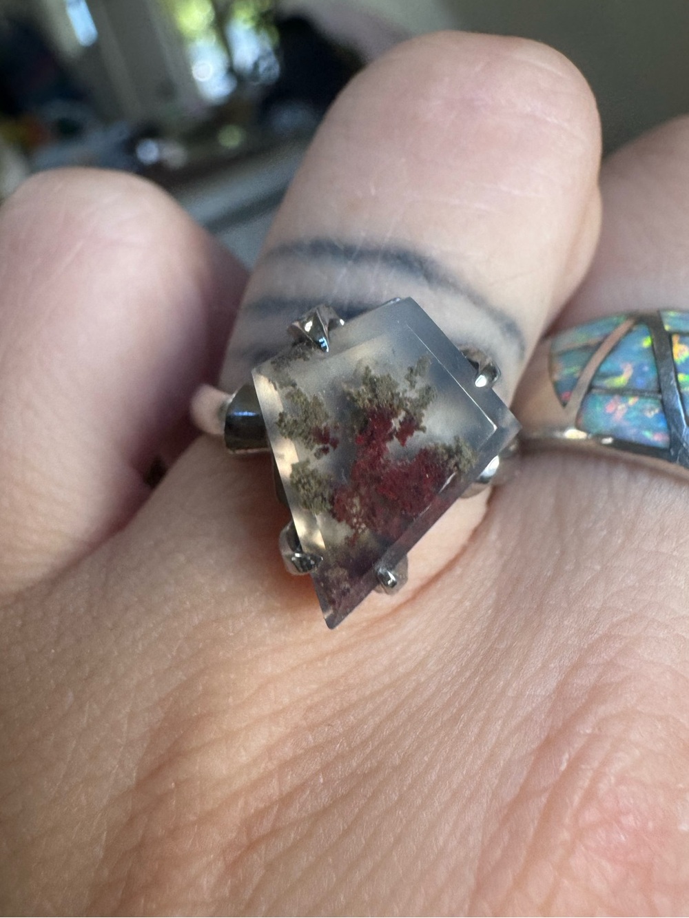 Silver Dendritic Agate Ring with Red and Green Inclusions